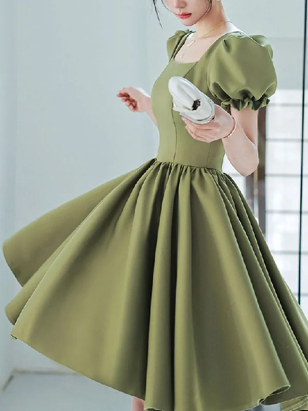 Women's Fashionable Clothing Sets Charming Silhouette Simple Green Satin Short Prom Dress, Green Satin Bridesmaid Dress     S3299