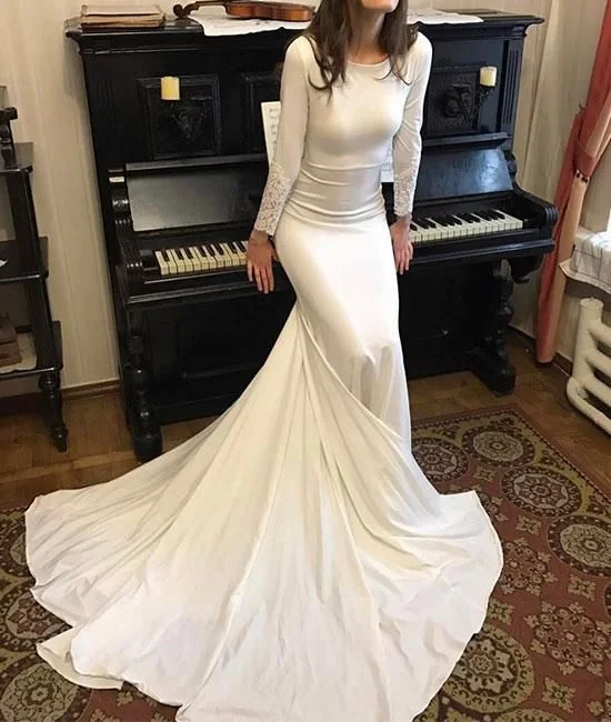 Affordable Women's Garments Parisian Effortless Chic Style White Round Neck Satin Mermaid Long Prom Dresses White Evening Dress   cg16311