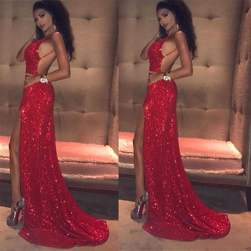 Women's Clothing For Casual Outings Big Savings on Minimalist Office Styles 2020 red Bling Bling Spaghetti Straps Sequin Prom Dress Sexy Split Evening Gowns,sexy party gown sequins