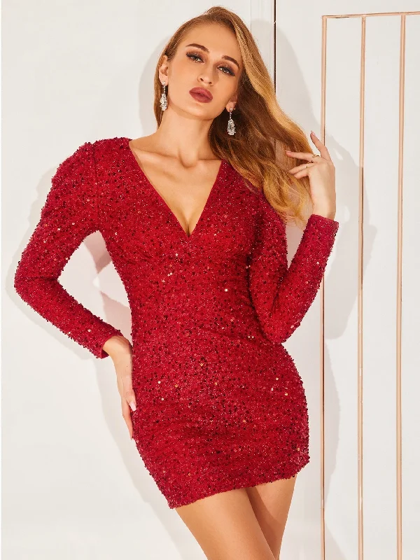 Women's Athletic Outfit Casual Weekend Relaxed Style KittenAlarm - Plunging Neck Gigot Sleeve Sequin Bodycon Dress