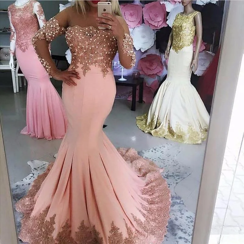 Women's Clothes For Work Nordic Minimalist Home Look Pink Kaftan Dubai Long Sleeve Mermaid Evening Dresses 2018 Formal Prom Gowns with Pearls Lace Vestido Longo