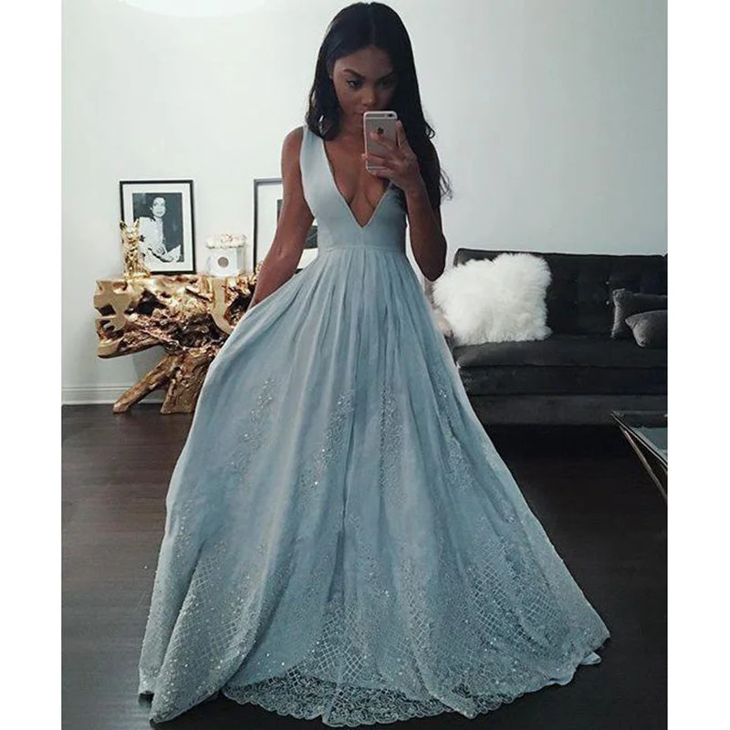 Women's Professional Outfit Effortless Sophistication Sexy A Line Blue Deep V Neck Lace Sequins Prom Dresses Long Women Formal Gown