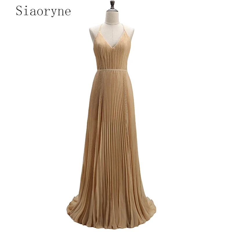 Women's Date Night Outfit Cottagecore Rustic Charm Style New Pleated Chiffon Halter Champagne Long Evening Dress Party Gown vestidos de festa noite