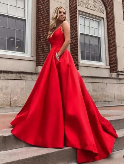 Women's Vintage-Inspired Clothing Feminine Soft - Hued Look Red v neck satin long prom dress, red evening dress cg4005