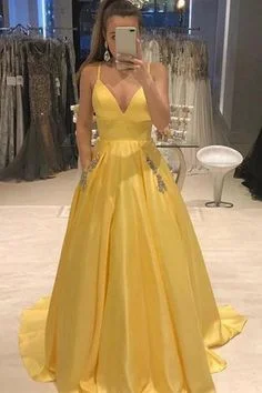 Women's Chic Apparel Art Deco Geometric Pattern Look Elegant Yellow Spaghetti Straps A Line Satin V Neck Prom Dresses with Beads Pockets  cg6041