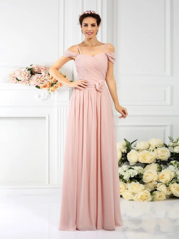 Women's Fashionable Clothing Sets Lightweight Fabric A-Line/Princess Spaghetti Straps Pleats Sleeveless Long Chiffon Bridesmaid Dresses