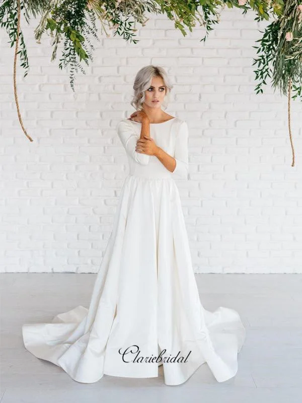 Women's Evening Wear Attire Tropical Island - Inspired Attire Long Sleeves Satin Wedding Dresses, A-line Wedding Dresses, Simple Bridal Gowns