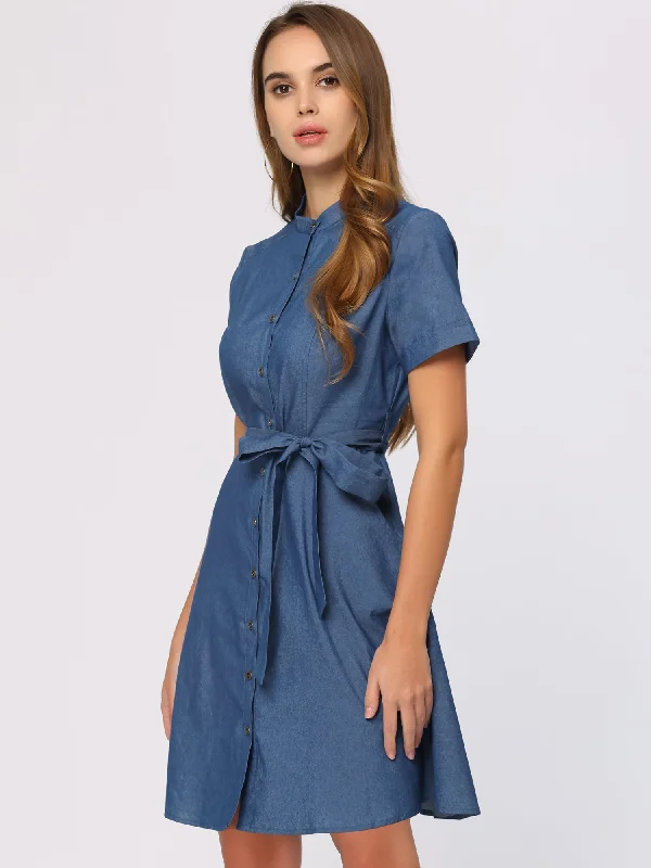 Women's Clothing With Trendy Designs Buy More, Save More Lapel Button Down Short Sleeve Denim Chambray Shirt Dress