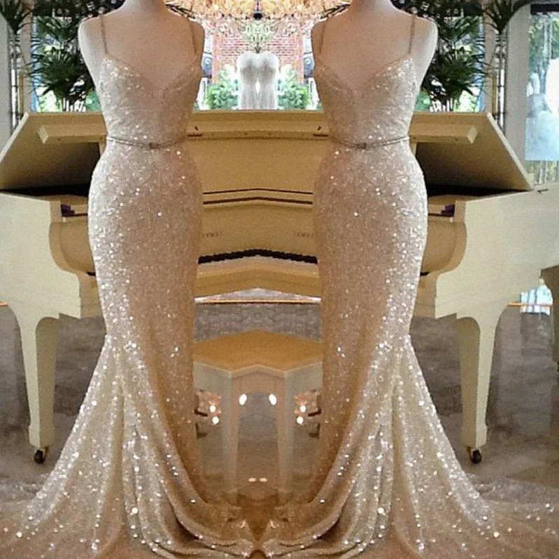 Women's Athletic Garments Limited - Stock LP9986 Bling Bling Spaghetti Straps Champagne Prom Dress Long Sequins Evening Party Gown  2018