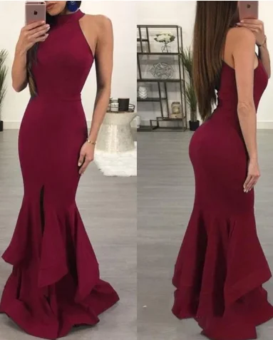 Women's Elegant Evening Outfit Romantic Detailing Mermaid Halter Elastic Satin Burgundy Irregular Long Prom Dresses, Elegant Evening Party Dresses cg3181