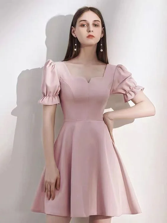 Women's Casual Clothing For Lounging Bold Patterns Short Sleeve Party Dress, Pink Bridesmaid Dress, Hepburn Style Homecoming Dress    S3276