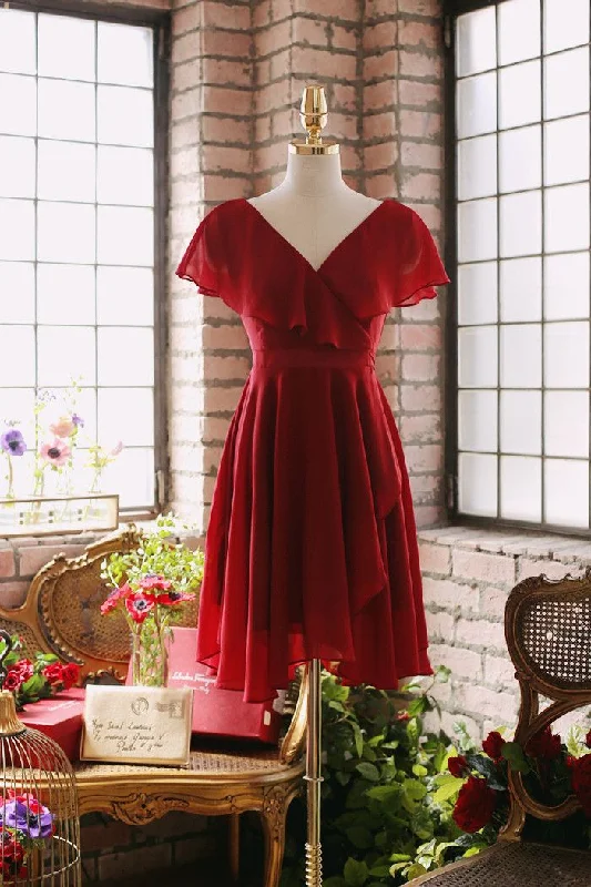 Women's Activewear Outfit Rustic Countryside Charm Look Fashion  Save Wine Red Chiffon Short Simple Wedding Party Dress, Dark Red Bridesmaid Dresses    S2888