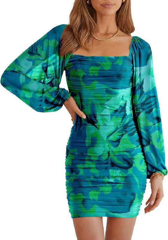 Women's Clothing Sets Discounts on Casual Weekend Styles S - ssb green abstract lantern sleeve ruched bodycon dress