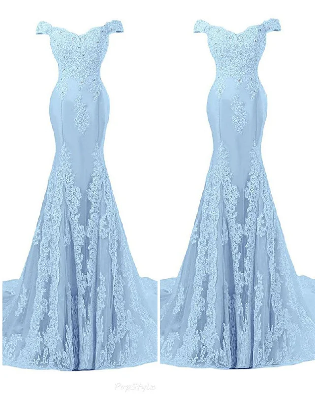 Women's Versatile Apparel Minimalist Office - Ready Style Dust Blue Off the Shoulder Lace Evening Dresses mermaid Formal Gown PL2254