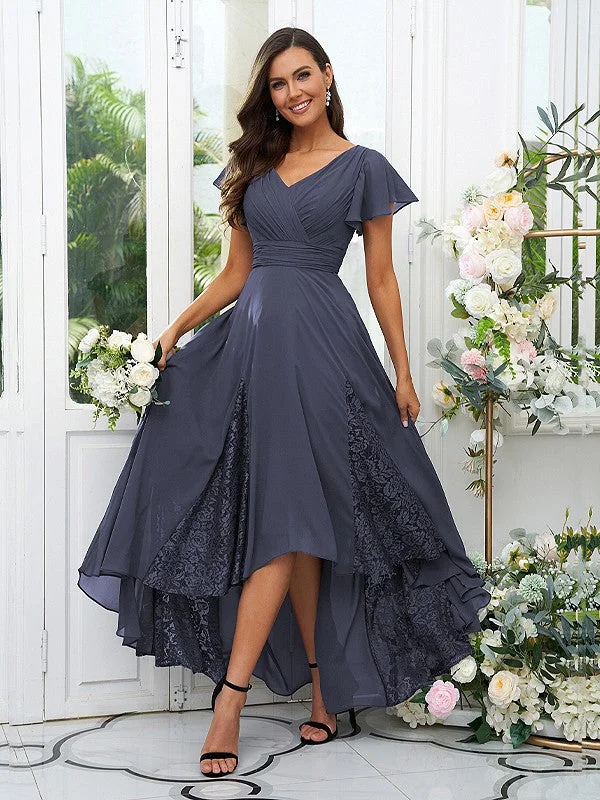 Women's Effortless Casual Outfit Big Savings on Minimalist Office Styles A-Line/Princess Chiffon Lace V-neck Short Sleeves Asymmetrical Bridesmaid Dresses