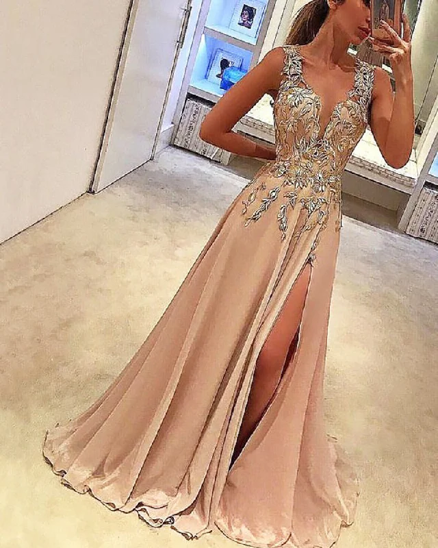 Women's Vacation Clothes Score Big on Glamorous Red - Carpet Styles Champagne V Neck Lace Long Prom Dress Women Evening Party Gown LP548