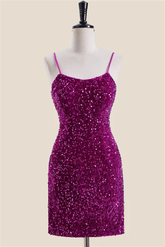 Women's Travel Garments Big Savings on Minimalist Office Styles Straps Magenta Sequin Bodycon Short Dress