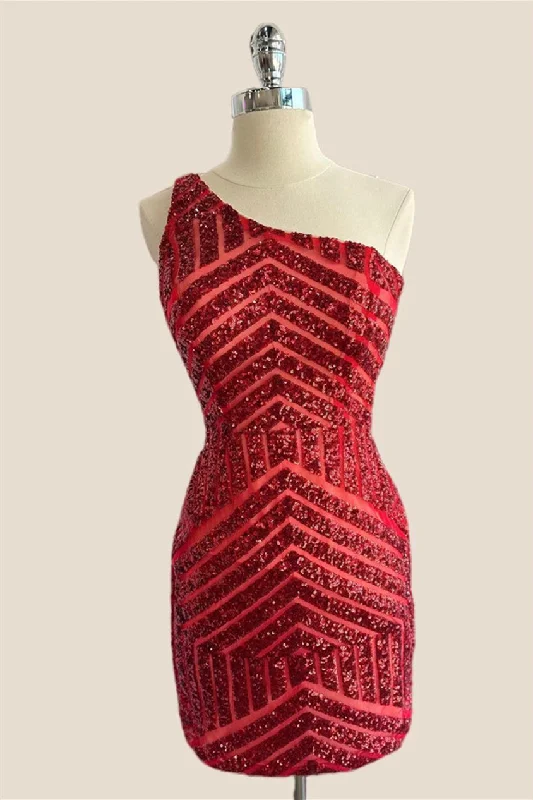 Women's Transitional Garments Y2K Nostalgic Fashion Look One Shoulder Red Sequin Bodycon Short Dress