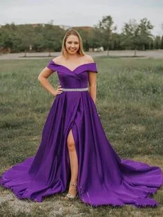 Charming Women's Garments Grab Romantic Date - Night Styles Now A-Line/Princess Off-The-Shoulder Sweetheart Split-Front Beaded Satin Prom Dresses  cg6694