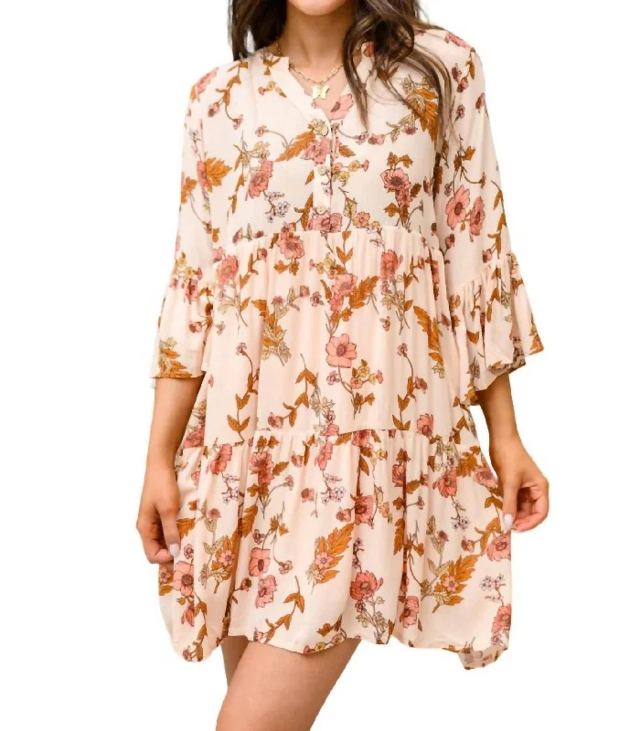 Women's Clothes For Outdoor Events Boho - Chic Festival - Ready Style Lilibet Tiered Floral Dress In Pink And Rust