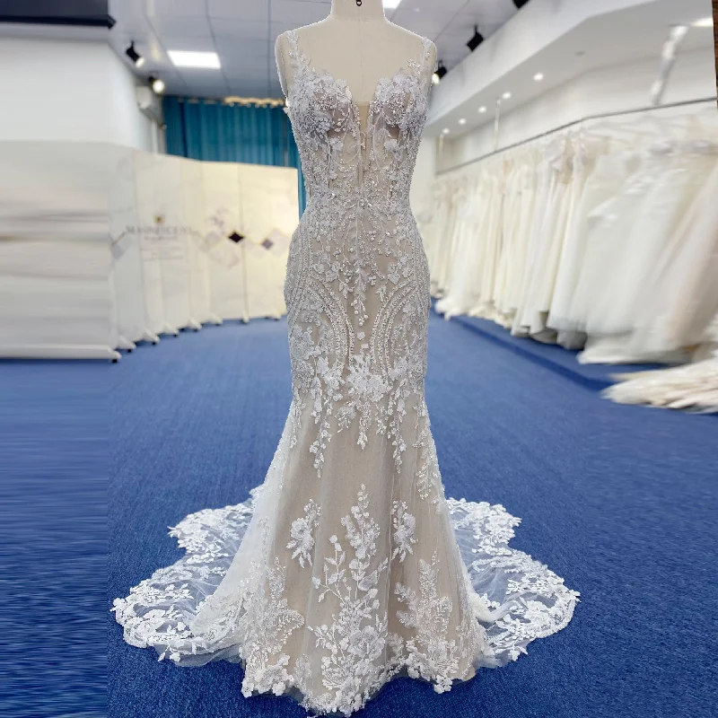 Women's Wedding Apparel Mid - Season Sale Elegant Mermaid Tulle Lace Wedding Dress with Spaghetti Strap