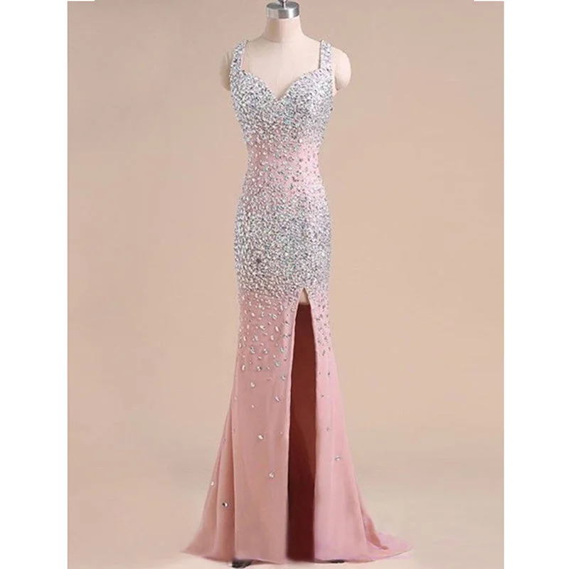 Casual Chic Clothing For Women Limited Quantities Crystal Long Mermaid Prom Dresses with Slit,Evening Formal Gown for Women Heavy Beading