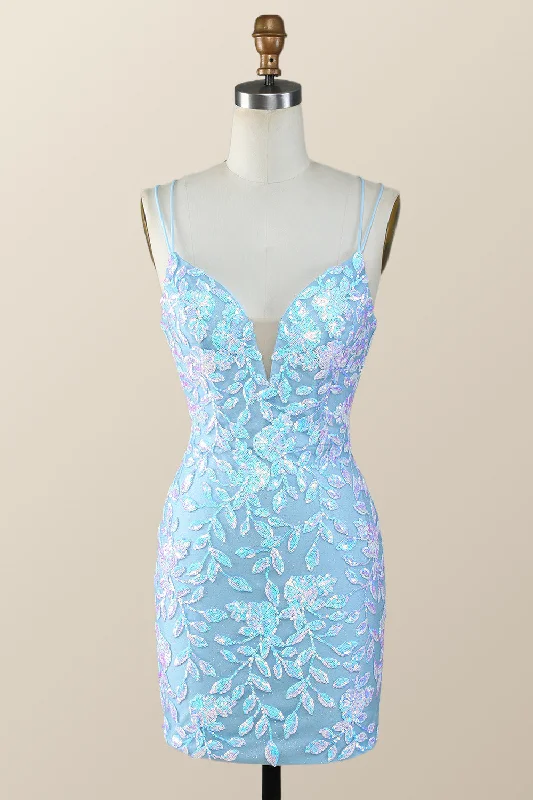 Women's Comfortable Apparel Contemporary Elegance Blue Sequin Bodycon Mini Dress with Straps