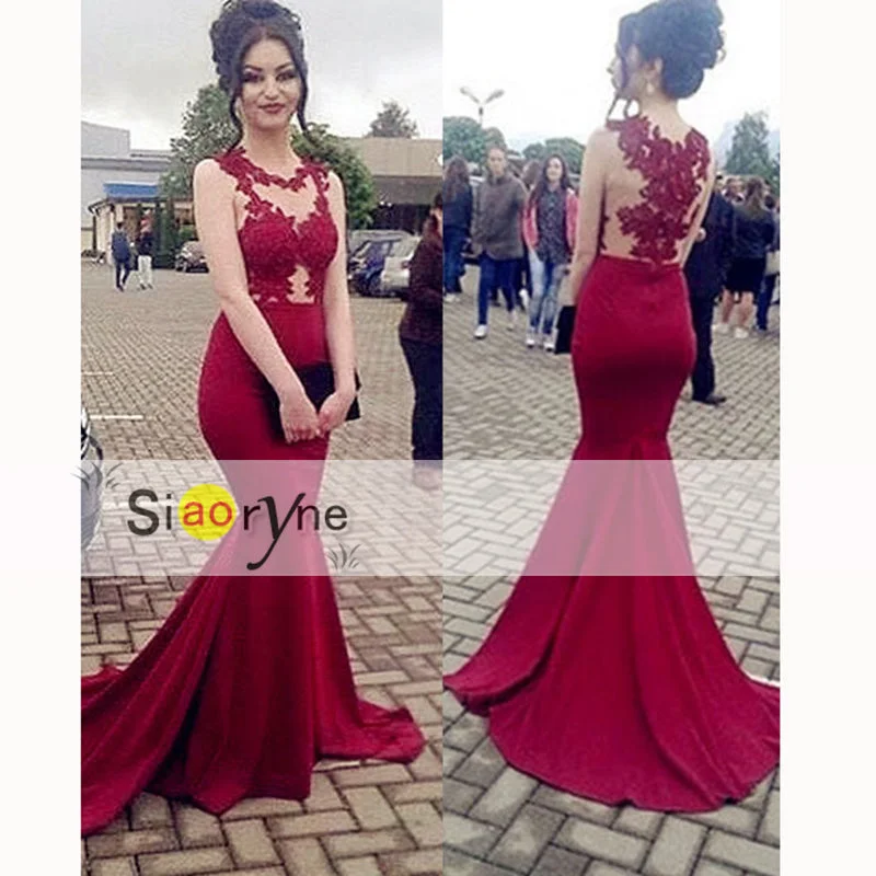 Fashionable Women's Clothing Ethnic Cultural Event Wear LP3353 Wine Dark Red Lace Appliqued Mermaid Prom Dresess 2018 formal Gown women Evening Long Dress