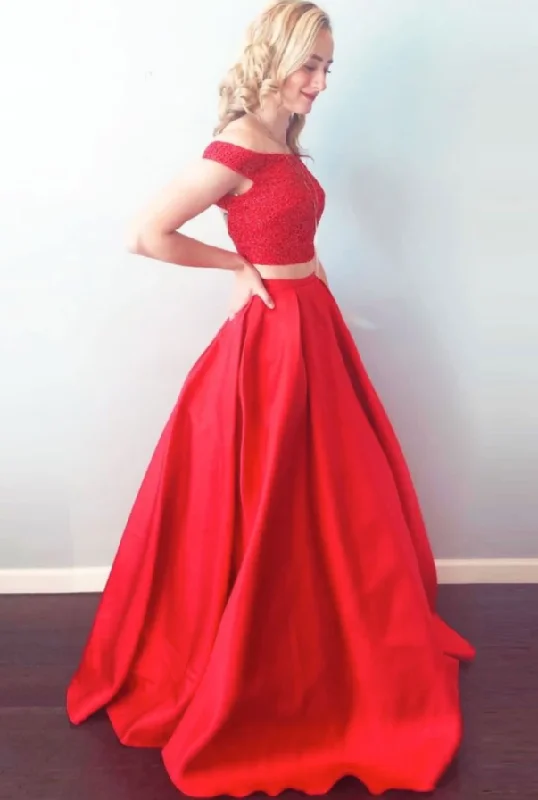 Comfortable Outfit For Women Disco - Inspired Retro Dance Look Red two pieces satin long prom dress red long evening dress   cg14767