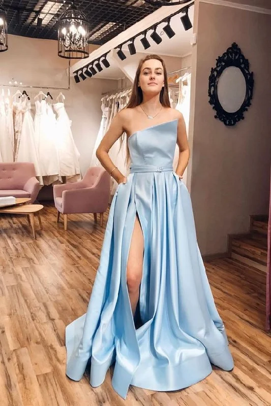 High-Fashion Women's Clothing Vintage Elegance Simple blue satin long prom dress blue blue evening dress cg4601