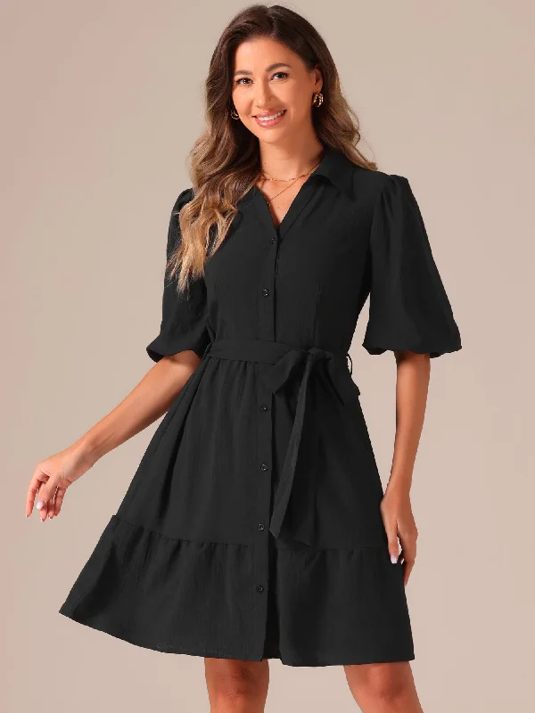 Women's Clothing For Work Casual Weekend Relaxed Style Belted Puff Short Sleeve Midi A-Line Shirt Dress