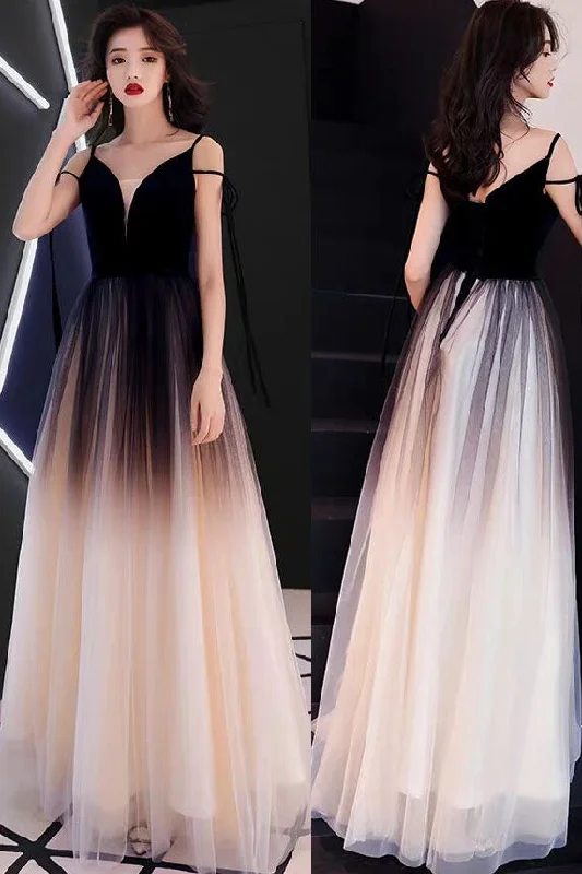 Women's Holiday Clothing Charming Silhouette V-Neck Sleeveless Ombre Black Tulle Long Prom Dresses