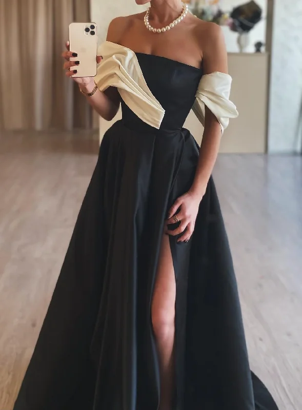 Affordable Women's Attire Alluring Design Women Off Shoulder Black Prom Dresses Long Side Slit Evening Gowns Simple Formal Party Dress YPD717