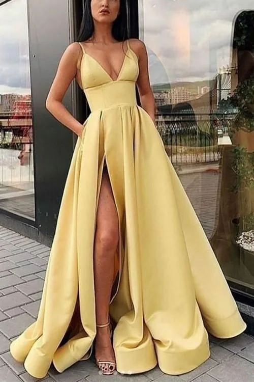 Women's Attire Chic Urban Fashion Look V-neckline Yellow Satin Long Prom Dresses with Pockets cg2515