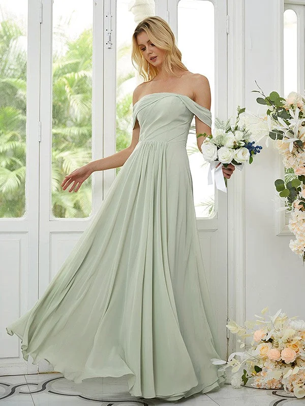 Women's Casual Outfit Art Deco Geometric Pattern Look A-Line/Princess Chiffon Ruched Off-the-Shoulder Sleeveless Floor-Length Bridesmaid Dresses