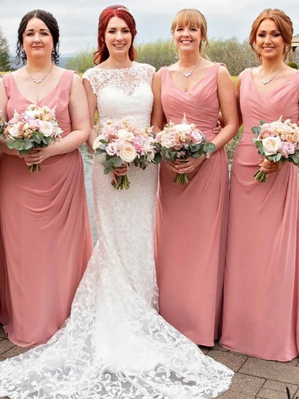 Women's Elegant Outfit Today Only Sheath/Column Chiffon Ruched V-neck Sleeveless Floor-Length Bridesmaid Dresses