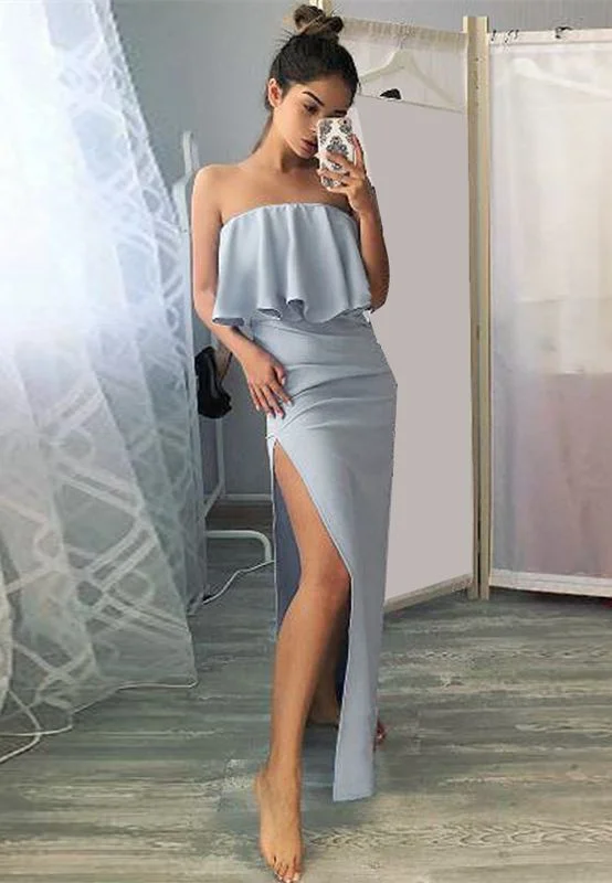 Women's Plus-Size Clothes Clearance Event Sheath Off the Shoulder Slit Sleeveless Pale Blue Elastic Satin Prom Dress cg5415