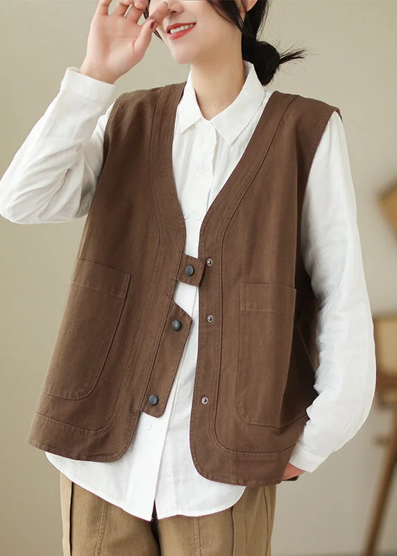 Women's Vintage Clothes Subtle Sophistication Women Brown V Neck Pockets Patchwork Cotton Vest Sleeveless