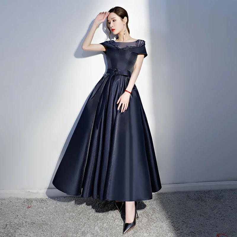 Stylish Women's Garments Feminine Soft - Hued Look Navy Blue Satin Beaded New Style Long Party Dress, Blue Cap Sleeves Prom Dress   cg20333