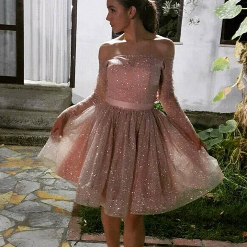 Comfortable Women's Apparel Grab Romantic Date - Night Styles Now SP2580 Glitter Sequins Pink Graduation Dress Short Prom Pink Gown off the Shoulder for Homecoming in long sleeves