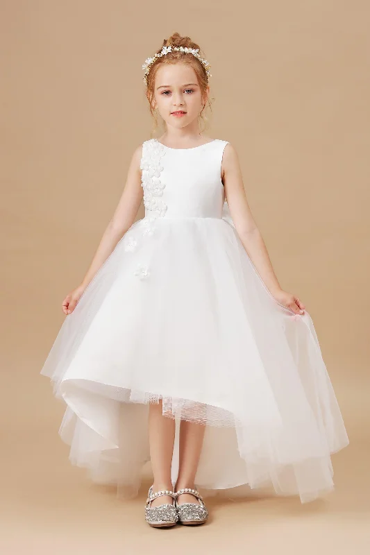 Women's Trendy Casual Clothes Elevated Style Chic High Low Sleeveless Applique Tulle Stain Flower Girl Dresses With Bownet