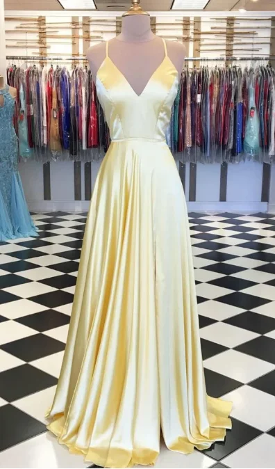 Comfortable Women's Attire Rustic Countryside Charm Look Simple yellow satin long prom dress, yellow evening dress, yellow formal dress cg2223