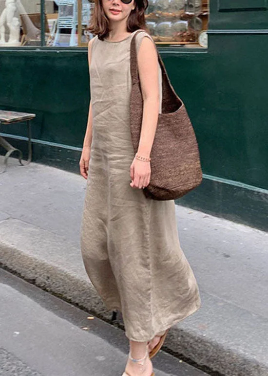 Women's Evening Clothes Limited - Time Bundle French Camel Asymmetrical Linen Long Dress Sleeveless