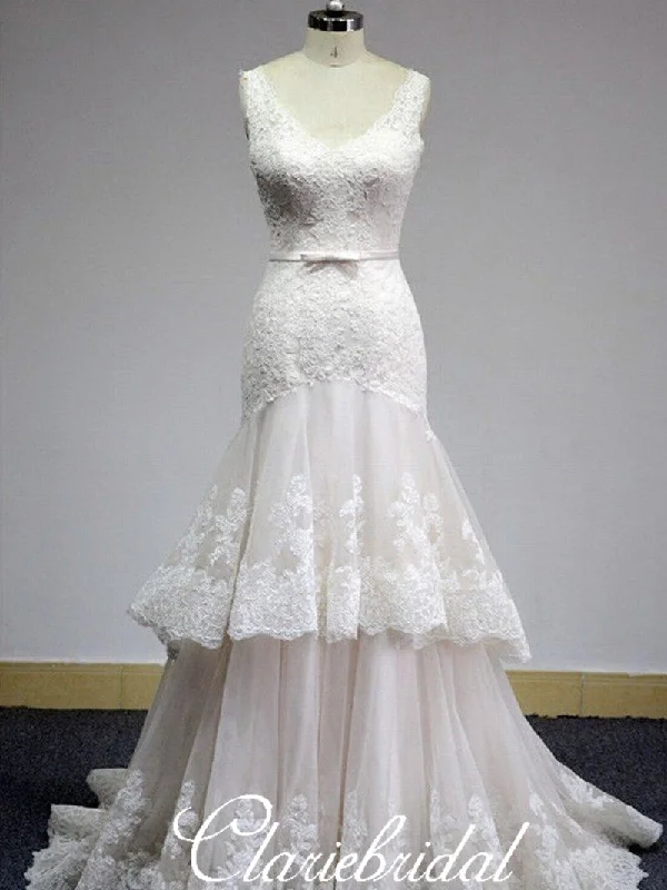 Women's Holiday Attire Elegant Contour V-neck Long Mermaid Lace Tulle Elegant Wedding Dresses