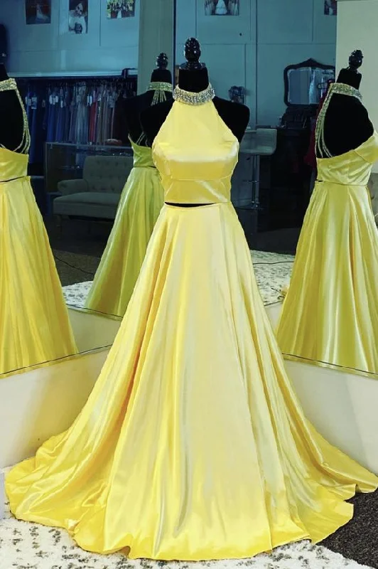 Women's Comfortable Lounge Garments Huge Savings on Parisian Styles Yellow satin long prom dress two pieces evening dress   cg15934