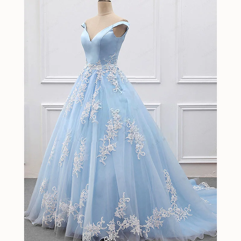 Women's Casual Wear Outfit Casual Weekend Relaxed Style Dreamy Off the Shoulder Blue and White Lace A Line 2022 Women Prom Dress Formal Gown vestido festa