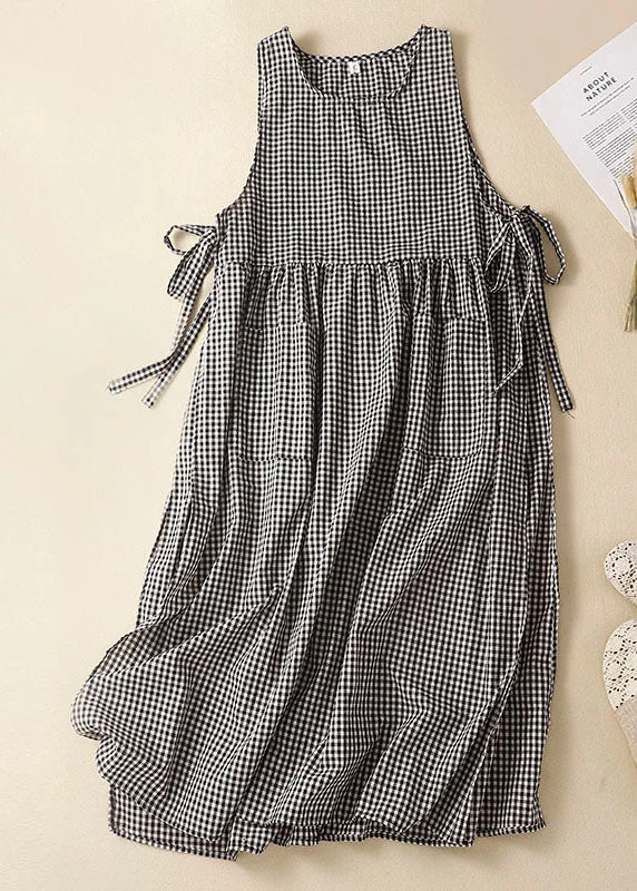 Chic Clothing For Women Big Savings on Minimalist Office Styles Black Plaid Linen Party Dress O-Neck Lace Up Wrinkled Sleeveless