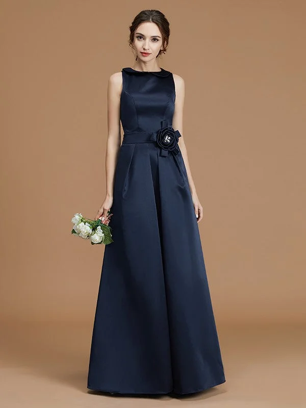 Casual Apparel For Women Subtle Sophistication A-Line/Princess Bateau Sleeveless Floor-Length Hand-Made Flower Satin Bridesmaid Dresses