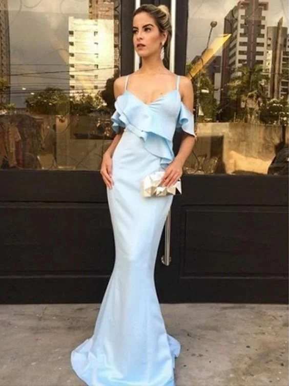 Women's Athletic Apparel Feminine Grace Pale Blue Elastic Satin Mermaid Elegant Prom Dresses  cg6250