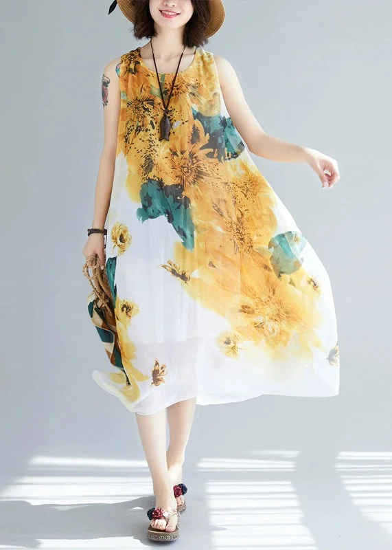 Women's Comfortable Clothes For Weekends Graceful Movement Stylish Yellow O-Neck Print Chiffon Dresses Sleeveless